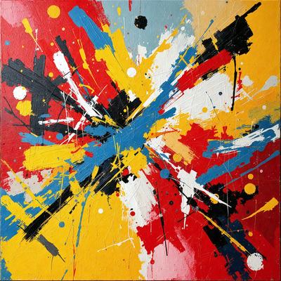 The primary subject of the image is a painting featuring a colorful, abstract design. The painting is displayed on a wooden surface, which serves as the setting or background. The visual style of the painting is a mix of digital art and illustration, creating a vibrant and dynamic atmosphere. The dominant colors in the painting are red, yellow, and blue, which contribute to the overall mood of the artwork.